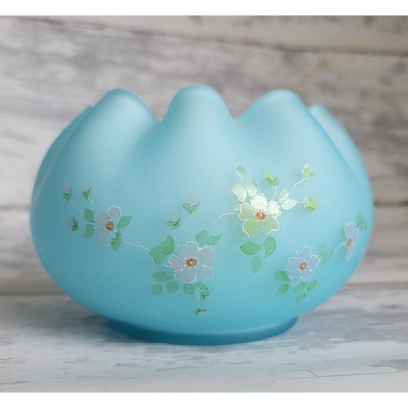 Fenton Bohemian Rose Bowl Blue Satin Milk Glass Signed Hand...